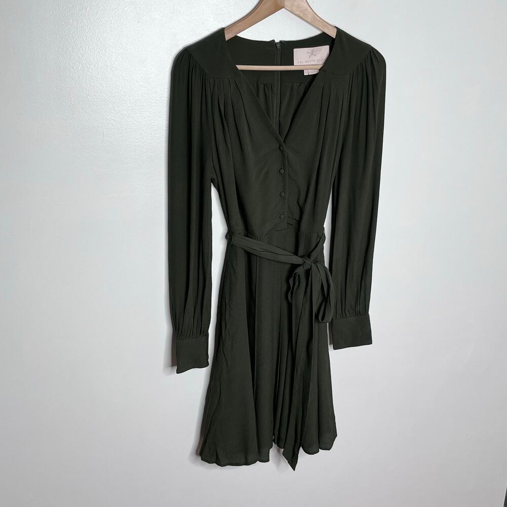 Gal Meets Glam Olive Green Faux Wrap Tie Waist Mini Dress Long Sleeve US 2 - Picture 3 of 10